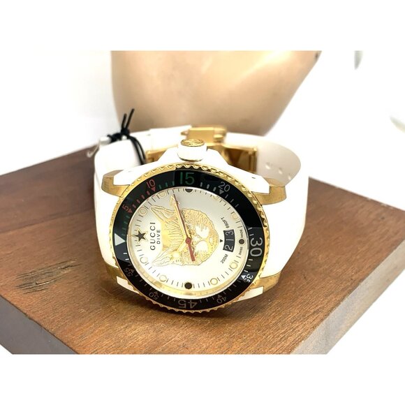 GUCCI Men's Watch YA136322 Dive Cat Swiss Quartz Gold White Rubber Strap 40mm - Picture 7 of 13